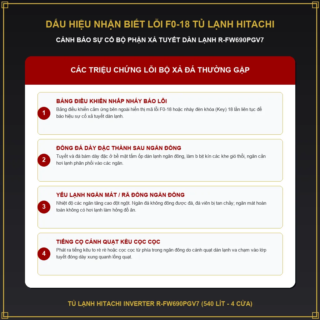 Cách tự sửa lỗi F0-18 bộ xả tuyết tủ lạnh Hitachi R-FW690PGV7 3 Dấu hiệu nhận biết lỗi F0-18 trên tủ lạnh Hitachi R-FW690PGV7