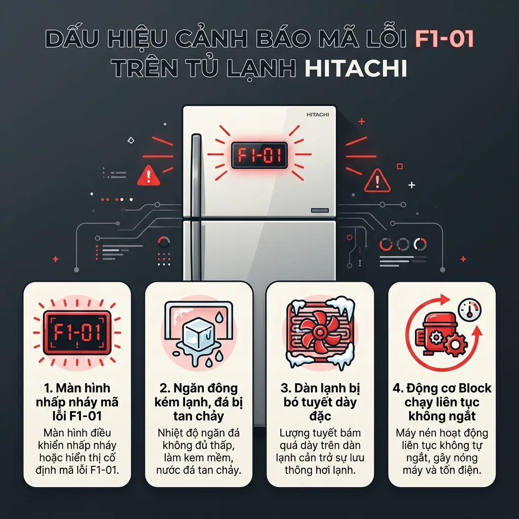 Khắc phục lỗi F1-01 cảm biến nhiệt độ tủ lạnh Hitachi R-B330PGV8 3 Dấu hiệu nhận biết lỗi F1-01 tủ lạnh Hitachi R-B330PGV8