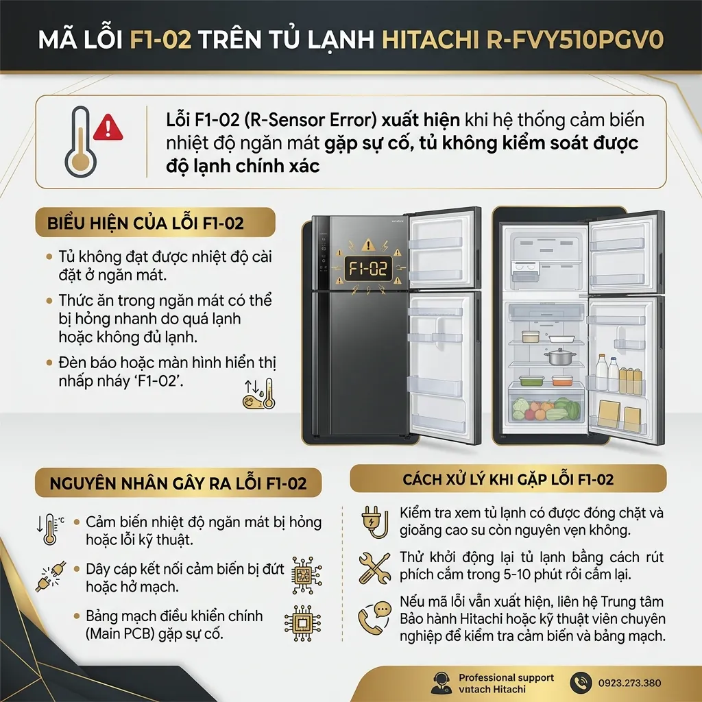 Sửa lỗi F1-02 cảm biến ngăn mát tủ lạnh Hitachi R-FVY510PGV0 2 Lỗi F1-02 trên tủ lạnh Hitachi R-FVY510PGV0 là gì?