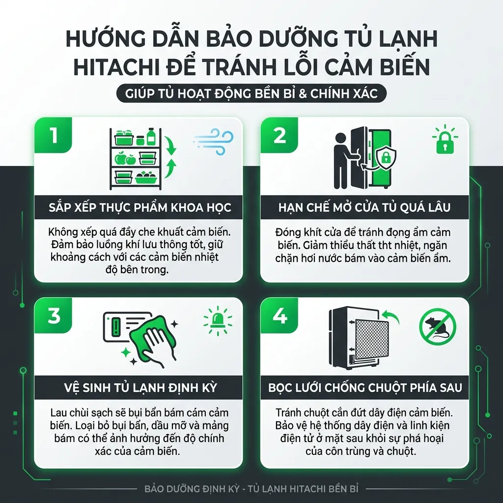 Sửa lỗi F1-02 cảm biến ngăn mát tủ lạnh Hitachi R-FVY510PGV0 4 Một số lưu ý quan trọng khi sử dụng tủ lạnh Hitachi tránh lỗi cảm biến