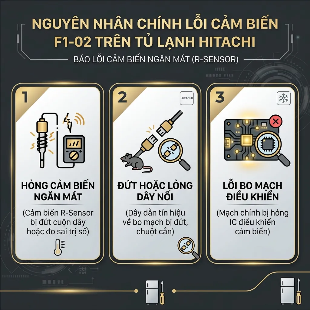 Sửa lỗi F1-02 cảm biến ngăn mát tủ lạnh Hitachi R-FVY510PGV0 3 Nguyên nhân gây ra lỗi F1-02 trên tủ lạnh Hitachi R-FVY510PGV0