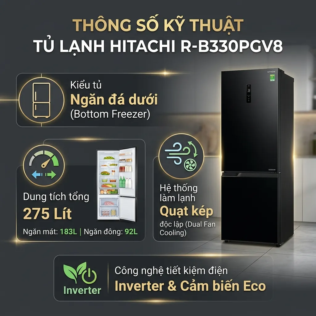 Khắc phục lỗi F1-01 cảm biến nhiệt độ tủ lạnh Hitachi R-B330PGV8 2 Thông số kỹ thuật của tủ lạnh Hitachi Inverter R-B330PGV8