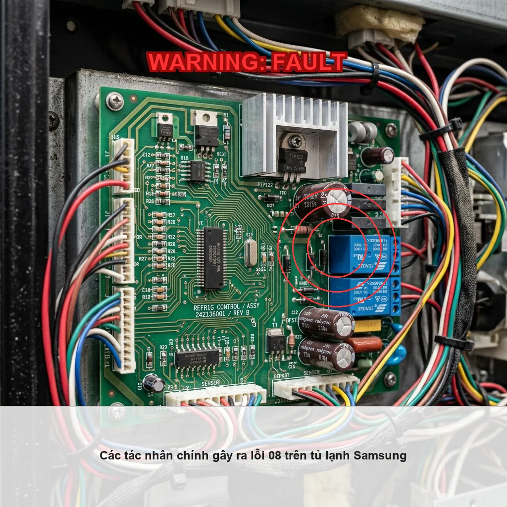 Khắc phục lỗi 08 đóng tuyết dàn lạnh tủ lạnh Samsung RS62R5001M9 4 Các tác nhân chính gây ra lỗi 08 trên tủ lạnh Samsung