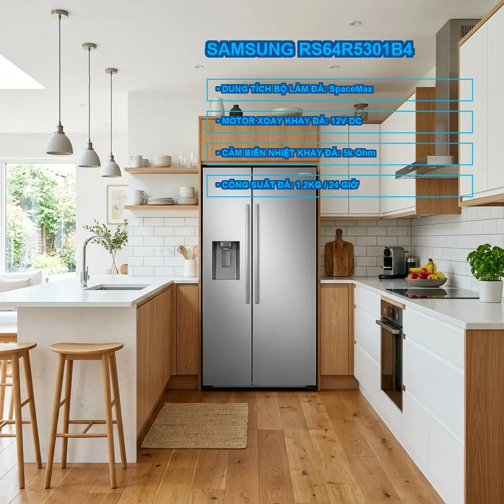 Sửa lỗi E4 tủ lạnh Samsung RS64R5301B4 không tự xoay rơi đá 2 Thông số kỹ thuật bộ làm đá tự động trên Samsung RS64R5301B4