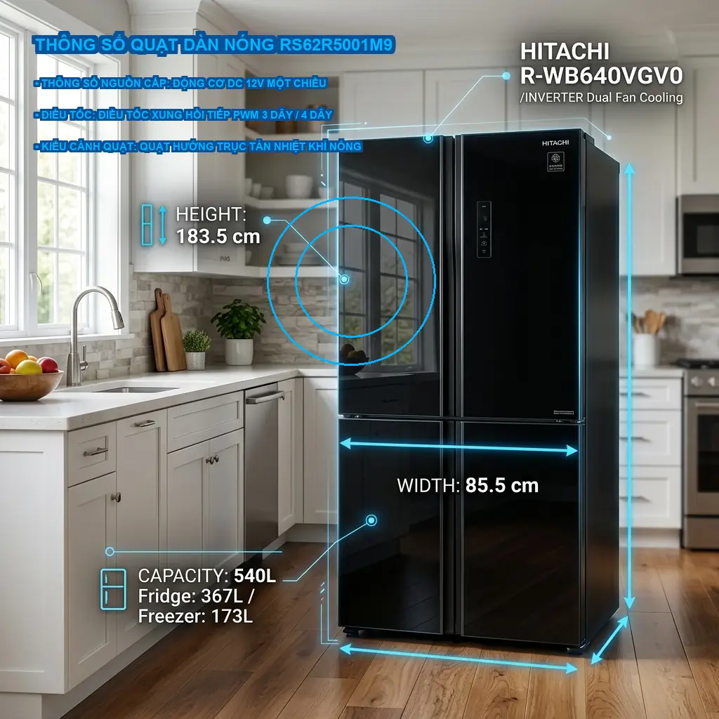 Thông số kỹ thuật quạt dàn nóng tủ lạnh Samsung RS62R5001M9