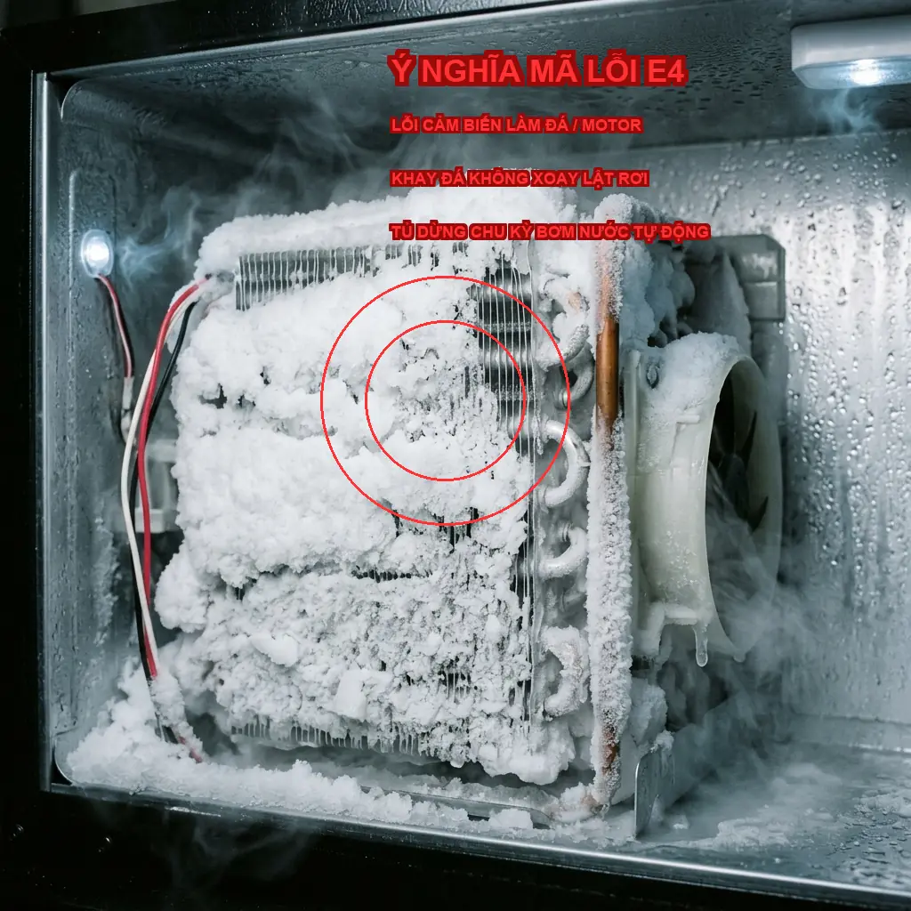 Sửa lỗi E4 tủ lạnh Samsung RS64R5301B4 không tự xoay rơi đá 3 Ý nghĩa mã lỗi E4 và cơ chế xoay rơi đá tự động